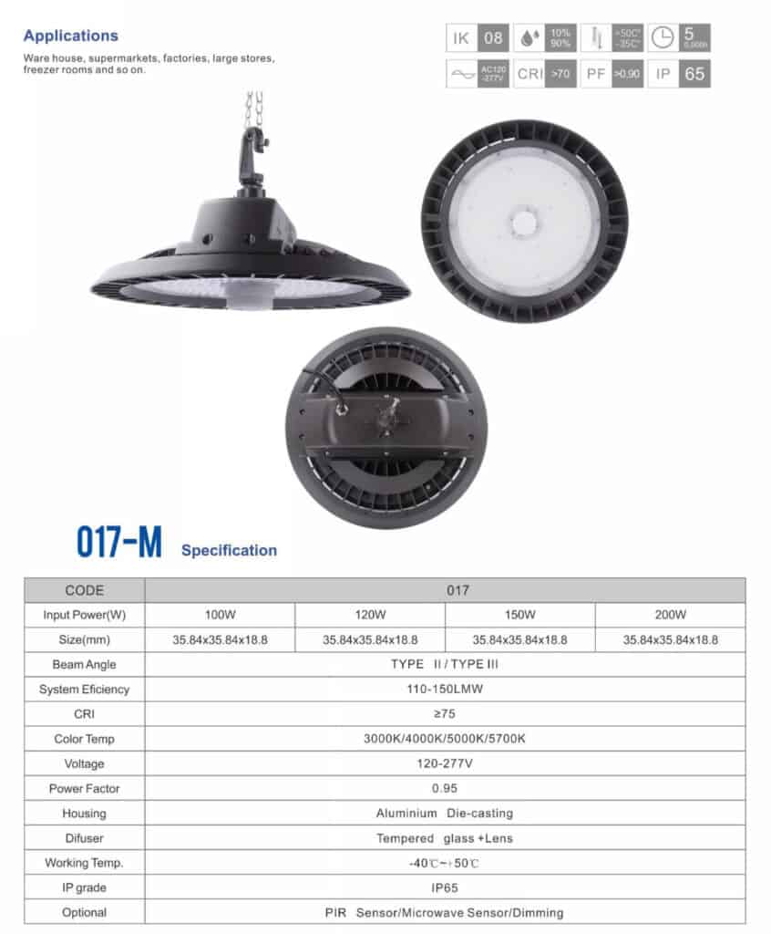 100w to 200w Industrial led high bay lights technical parameter